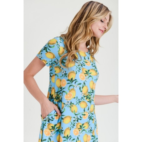 Womens Blue Lemon Print Fit And Flare Summer Dress - Picture 2 of 7